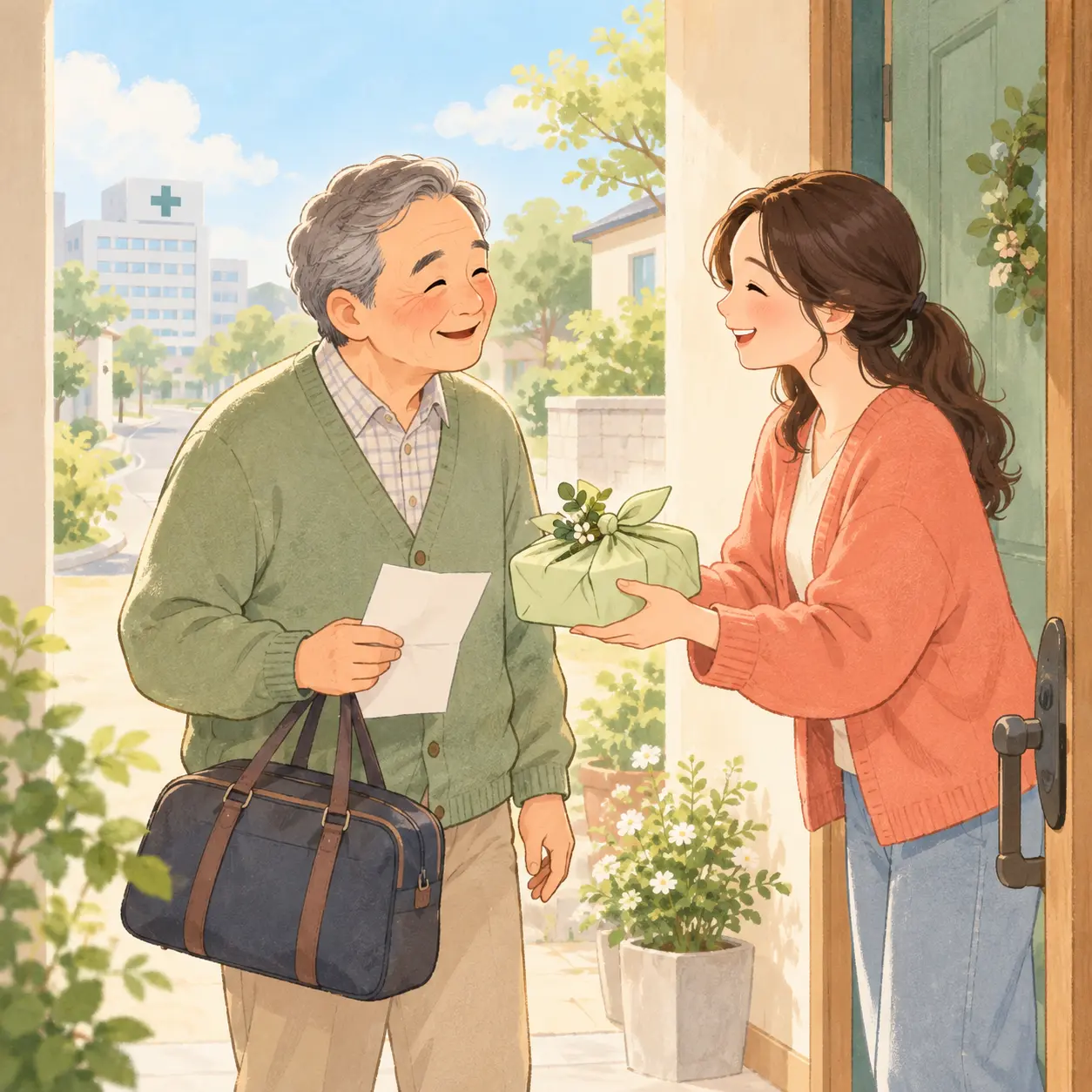 퇴원 후 집으로 돌아온 아버지를 딸이 선물과 함께 맞이하는 만화 일러스트